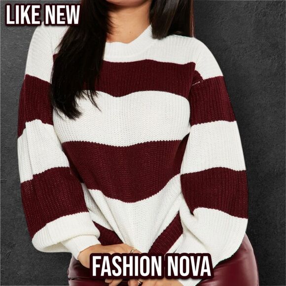 Like New Fashion Nova Autumn Dreams Striped Sweater - Burgundy/combo - S - Picture 1 of 8